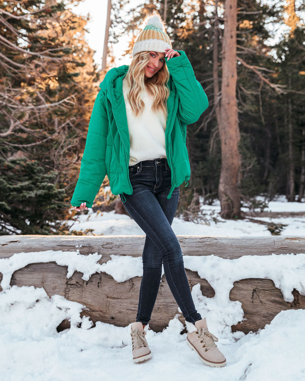 Stay Awhile Pocketed Hooded Puffer Jacket - Kelly Green