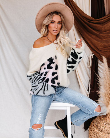 Stop And Stare Mix Print Knit Sweater - Ivory