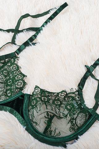 Strappy Velvet Patchwork Lace Bra And Panty Set