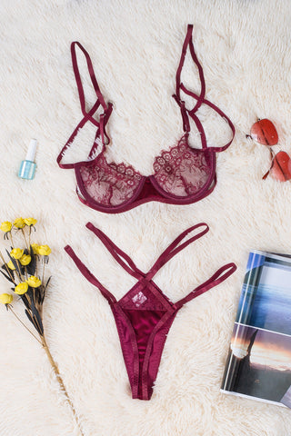 Strappy Velvet Patchwork Lace Bra And Panty Set