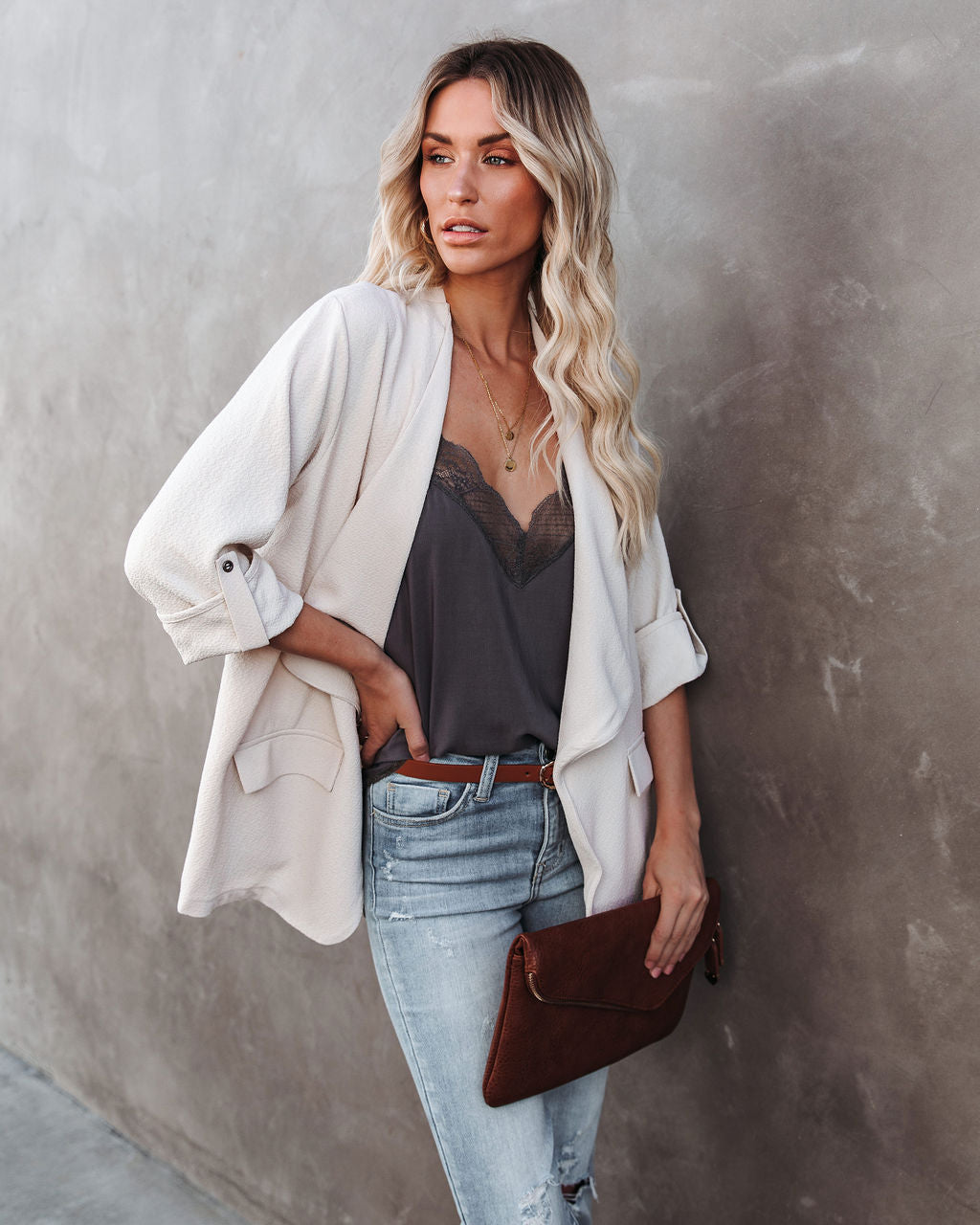 Streamline Pocketed Textured Blazer - Natural