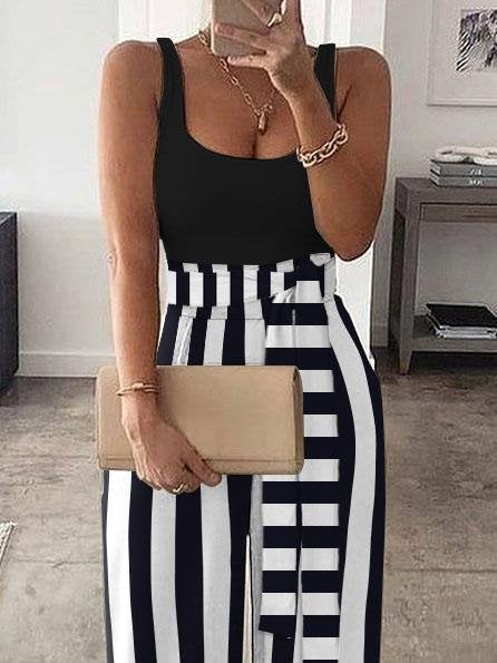Striped High Waist Color Block Vest Jumpsuit