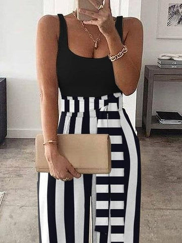 Striped High Waist Color Block Vest Jumpsuit