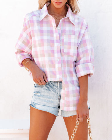 Styles Cotton Plaid Button Down Top - Lilac Multi