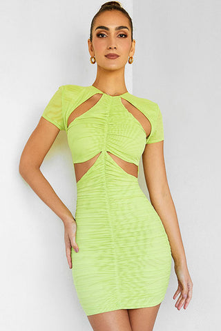 Stylish Short Sleeve Bodycon Ruched Cutout Club Mini Dress - Green