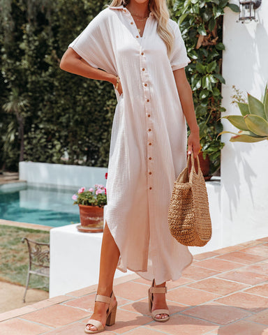 Summertime Cotton Button Down Maxi Dress - Cream