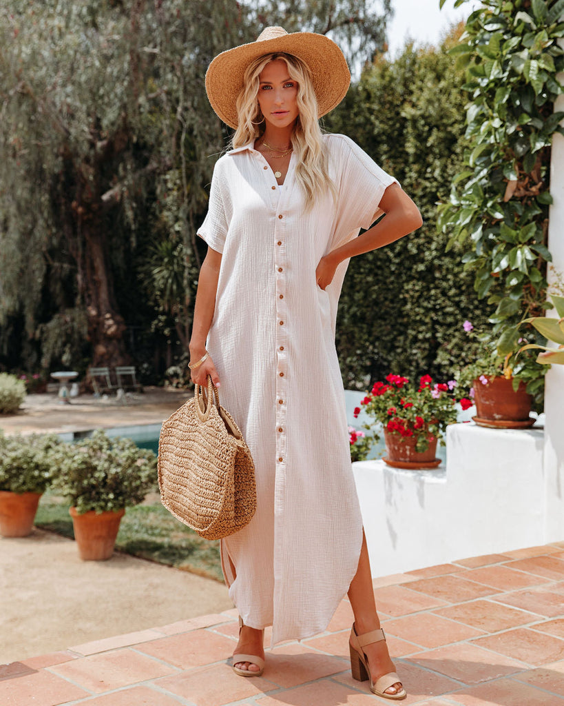 Summertime Cotton Button Down Maxi Dress Cream Orro Shop