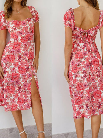 Straight Neck Printed Split Dress