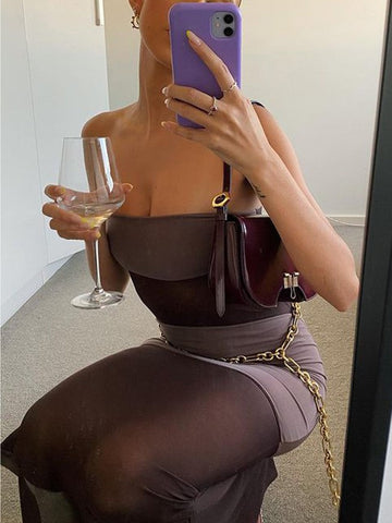 Strapless Color Matching Slit Dress