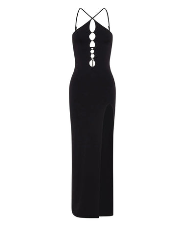 Temperament Hollow Out High Slit Black Dress