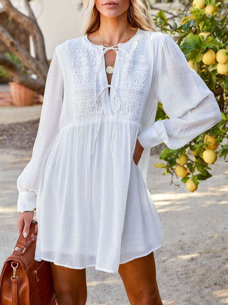 Solid Long Sleeve V-neck Loose Casual Dress