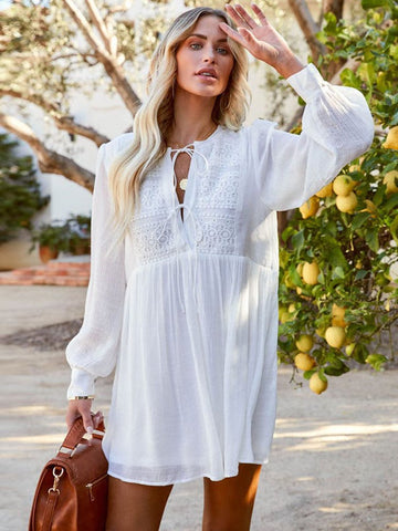 Solid Long Sleeve V-neck Loose Casual Dress