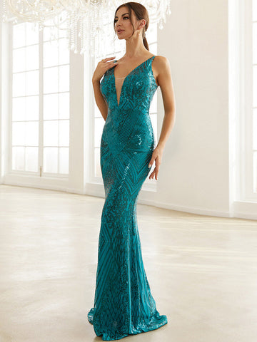 Temperament Deep V-Neck Sequined Party Evening Dress