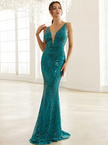 Temperament Deep V-Neck Sequined Party Evening Dress