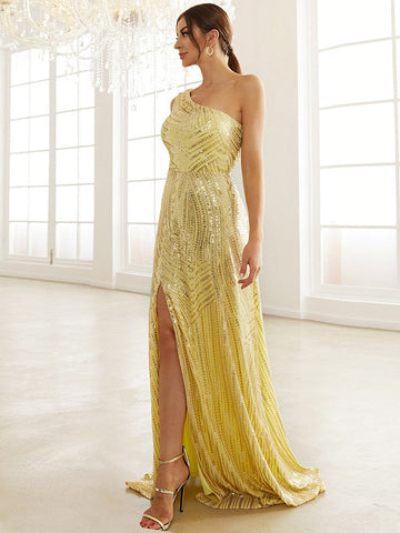 Slanted Shoulder Sequined Party Split Fishtail Small Tail Evening Dress