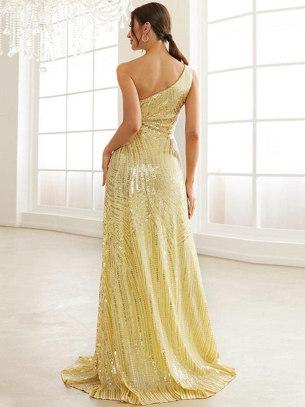 Slanted Shoulder Sequined Party Split Fishtail Small Tail Evening Dress