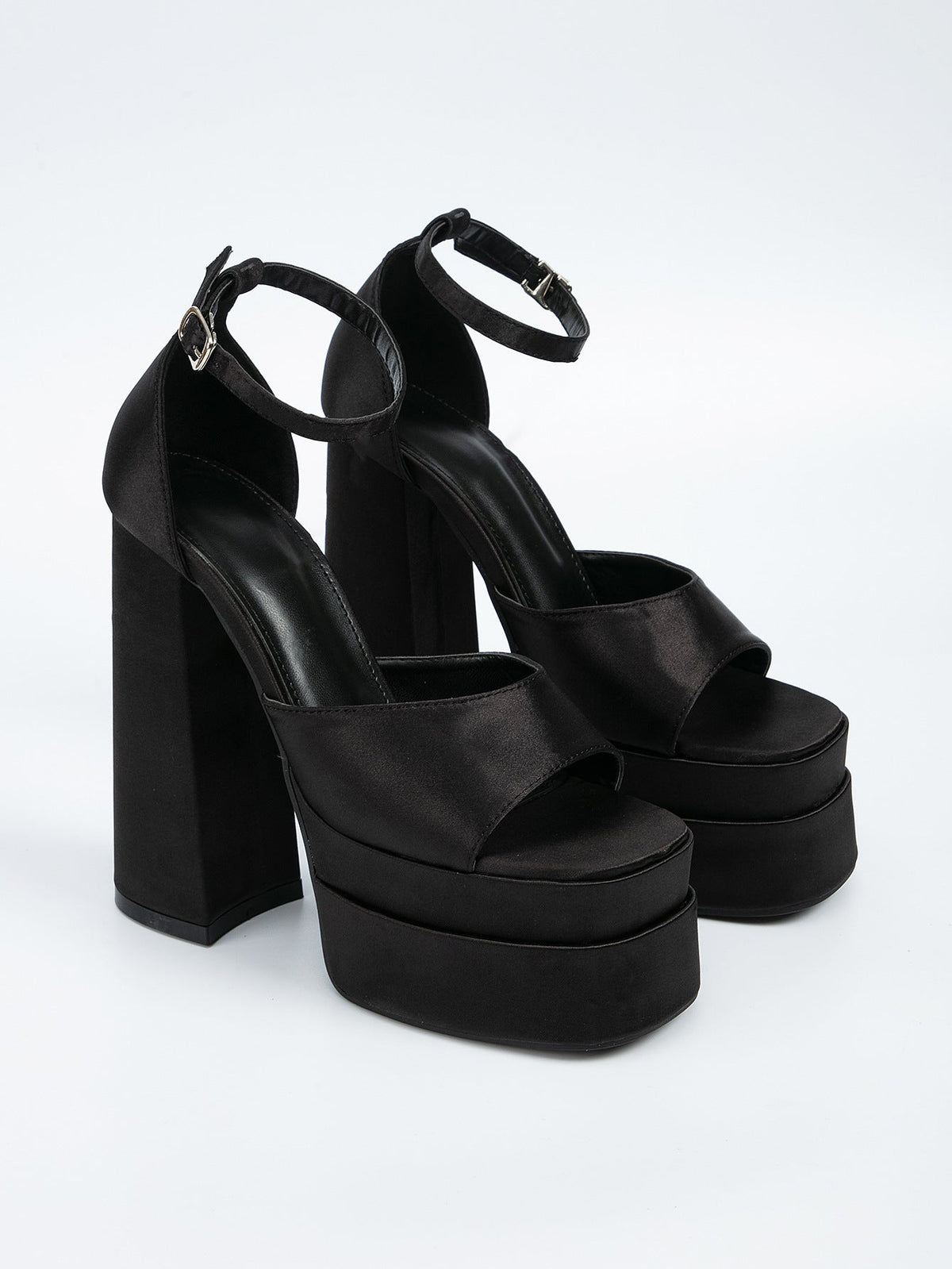 Plateau-Stiletto-Riemen mit quadratischer Zehenpartie und offener Zehenpartie, Schnalle und klobigen High Heels 