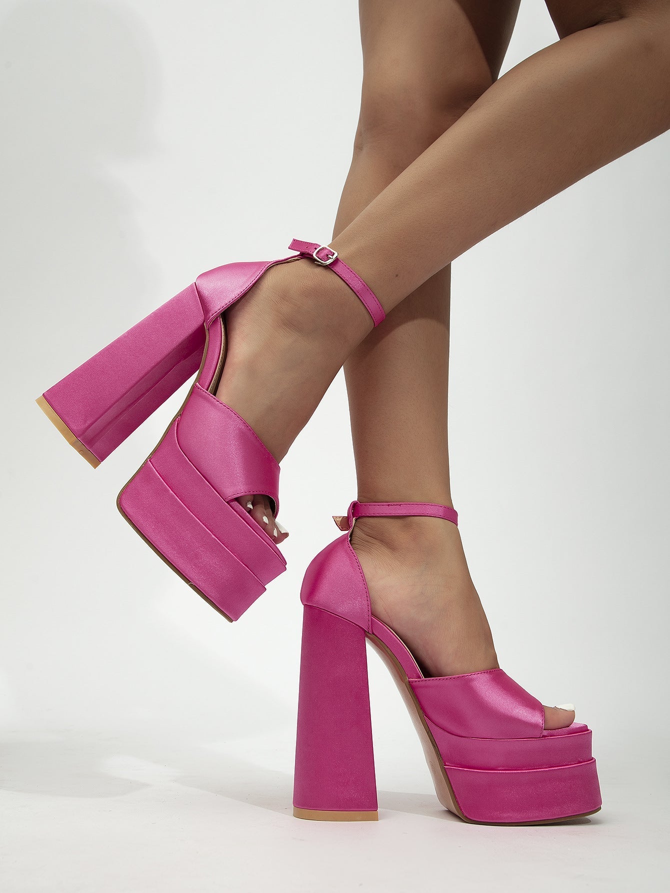 Square Toe Platform Stiletto Strap Open Toe Buckle Chunky High Heels