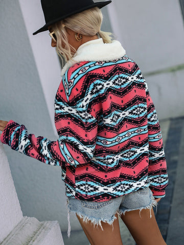 Zip Colorblock Geometric Print Plush Jacket