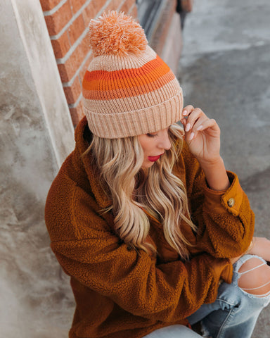 Sunrise Striped Pom Beanie - Tan