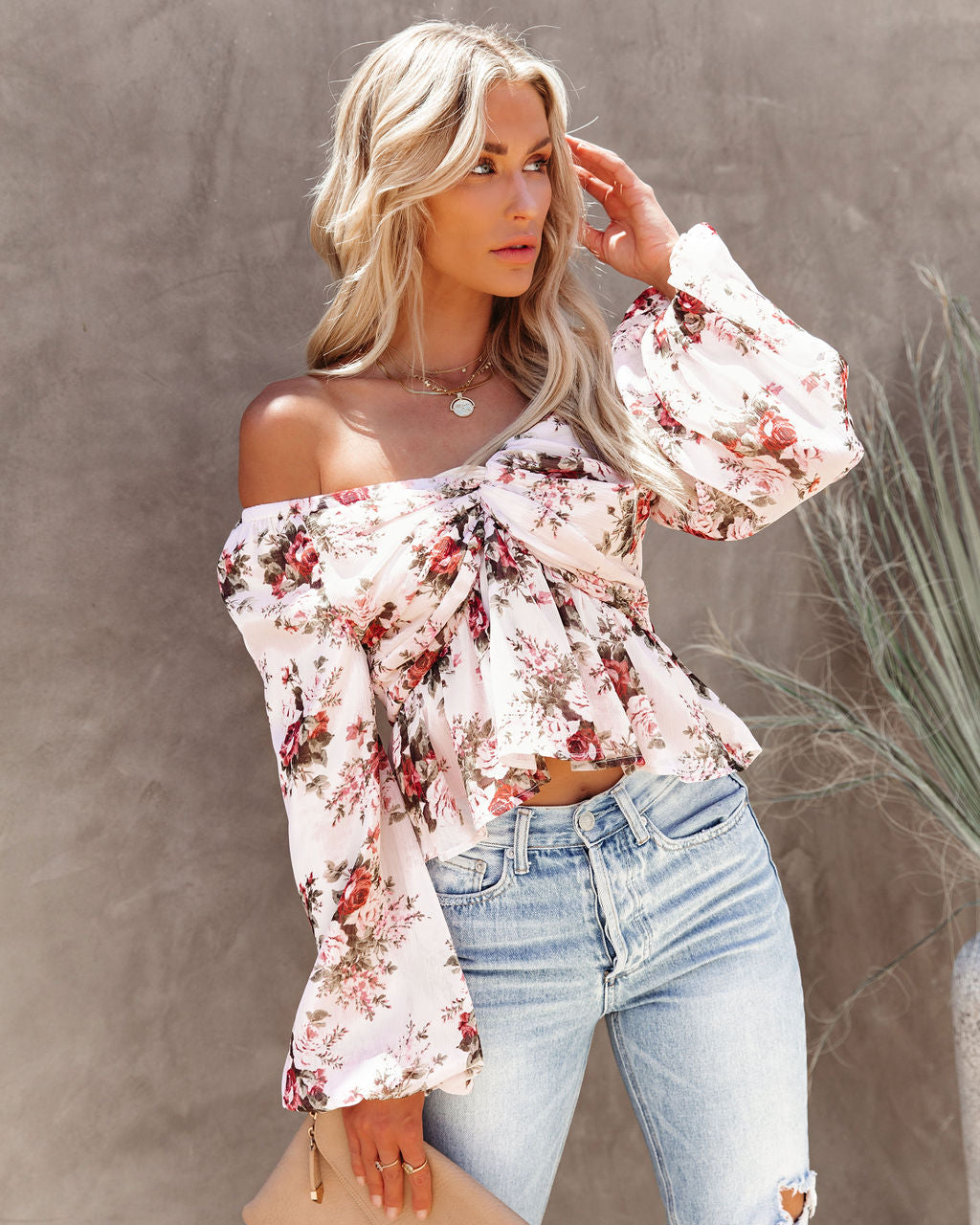 Sure Thing Floral Balloon Sleeve Twist Blouse - Cream