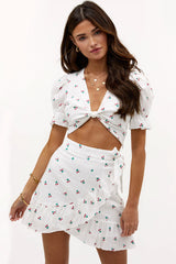 Sweet Cherry Puff Sleeve Ruffle High Waist Mini Two Piece Dress - White
