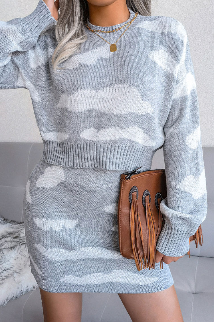 Sweet Contrast Could Knit Cropped Sweater Mini Skirt Two Piece Dress - Gray