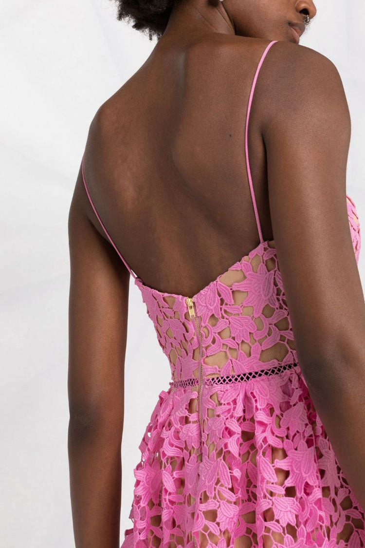 Robe courte en guipure à fines bretelles et imprimé floral - Rose bonbon