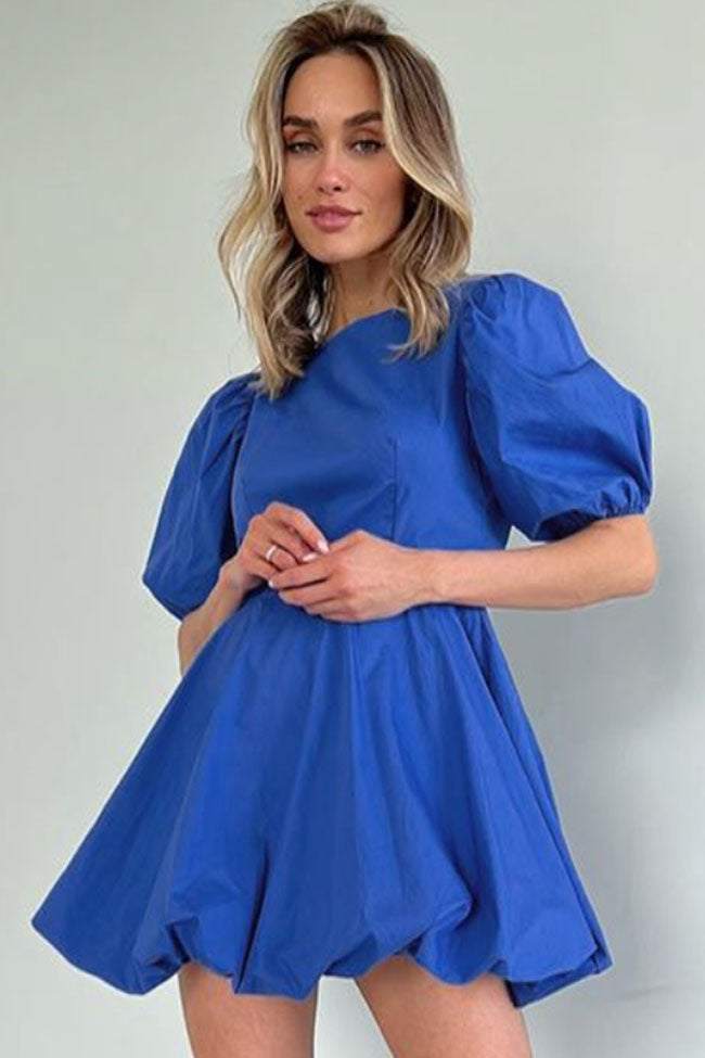 Robe courte évasée à col rond et manches bouffantes, dos nu - Bleu