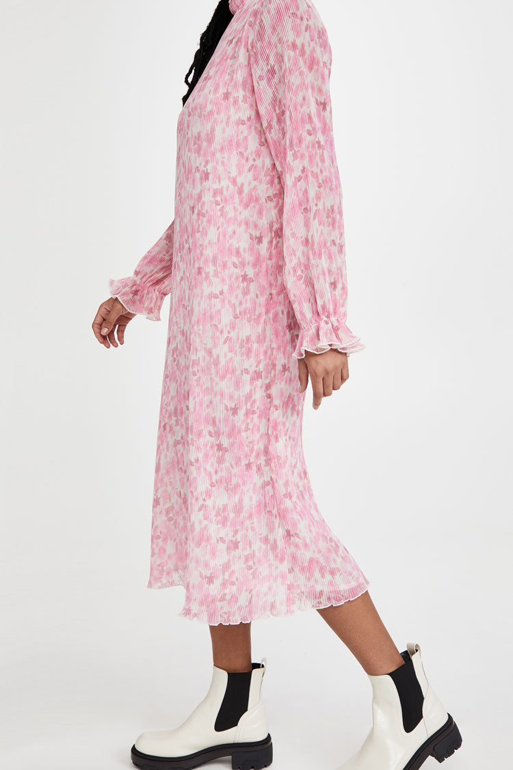 Sweet Tie Dye High Neck Long Sleeve Pleated Midi Dress - Pink