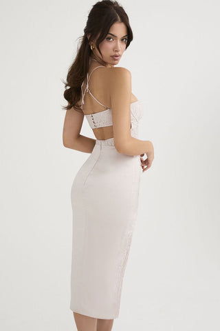 Sweetheart Halter Cutout Lace Satin Split Cocktail Midi Dress - White