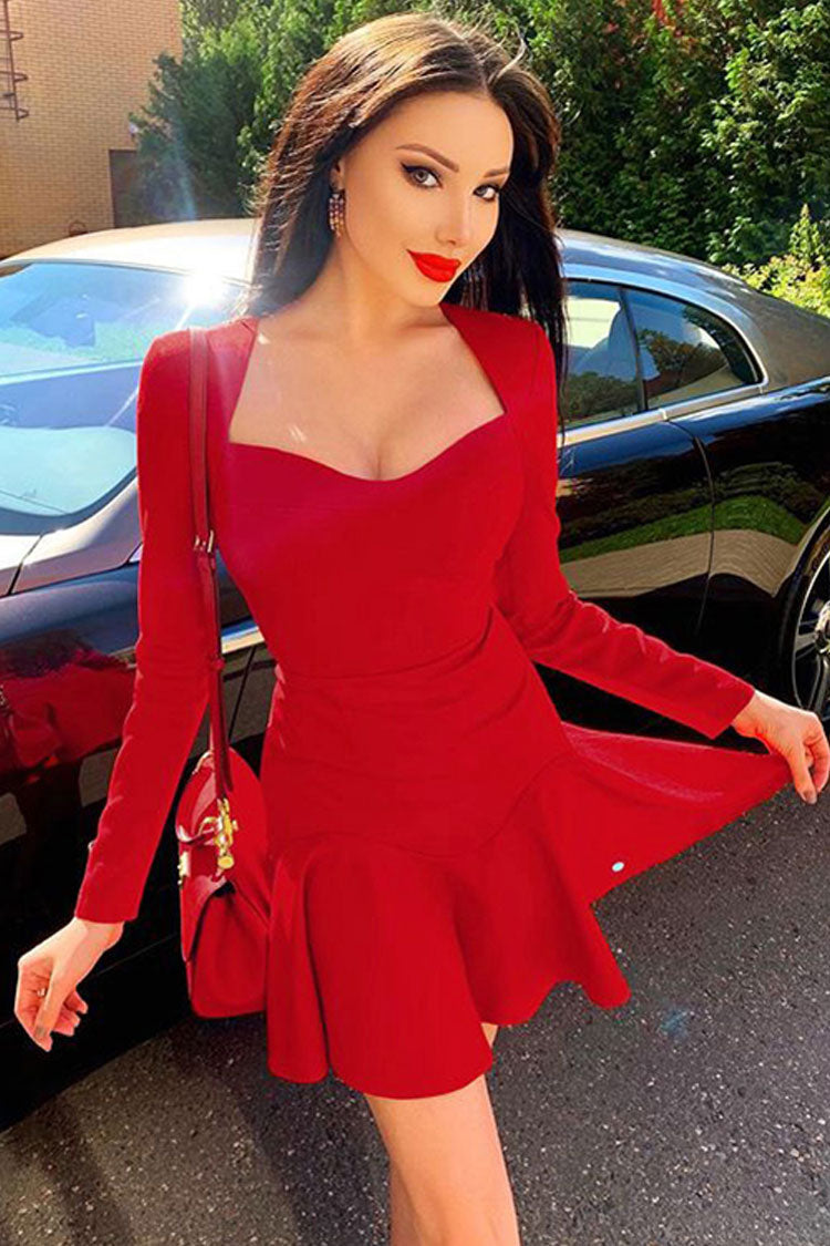 Sweetheart Long Sleeve Winter Ruffle Bandage Knit Mini Dress - Red