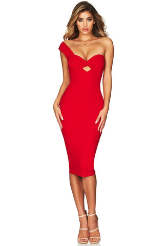 Robe de cocktail mi-longue moulante asymétrique à col en cœur - Rouge