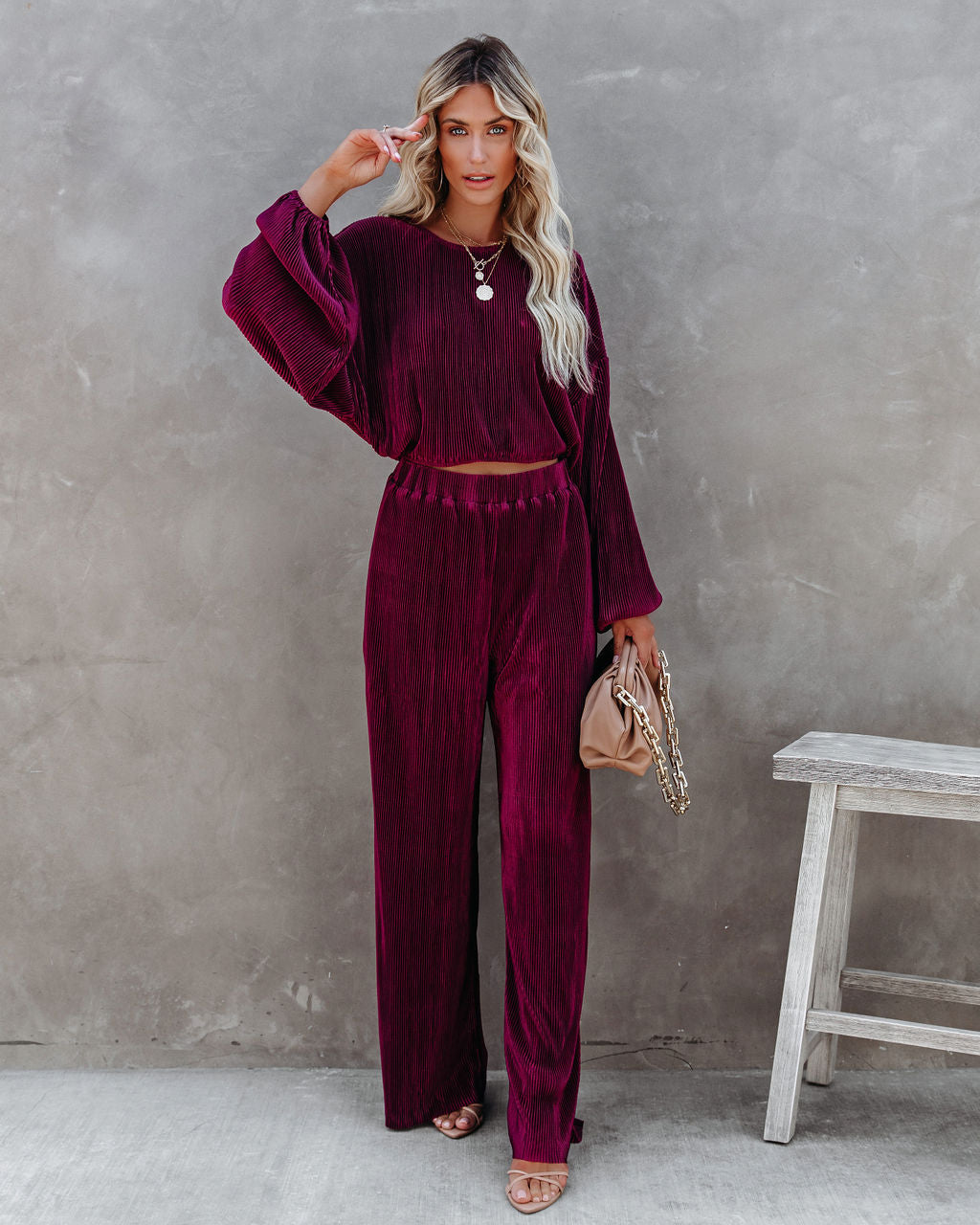 Swift High Rise Plisse Pants - Wine