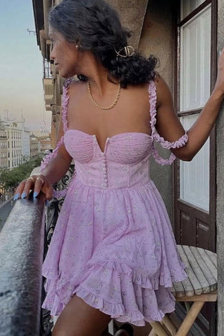 Swingy Bustier Lagen Rüschen Blumendruck Mini Sommerkleid - Flieder