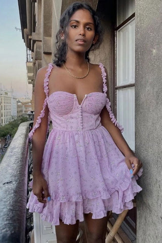 Mini-robe d'été à volants superposés et imprimé floral - Lilas