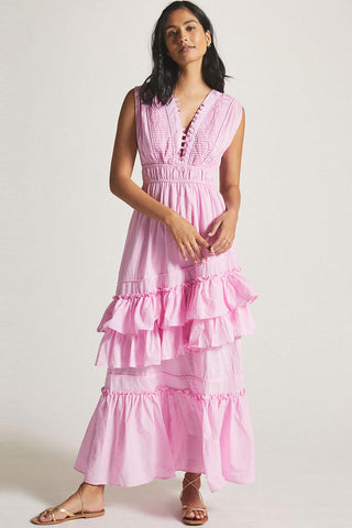 Swingy Buttoned Sleeveless Beach Vacation Ruffle Tiered Maxi Sundress - Pink