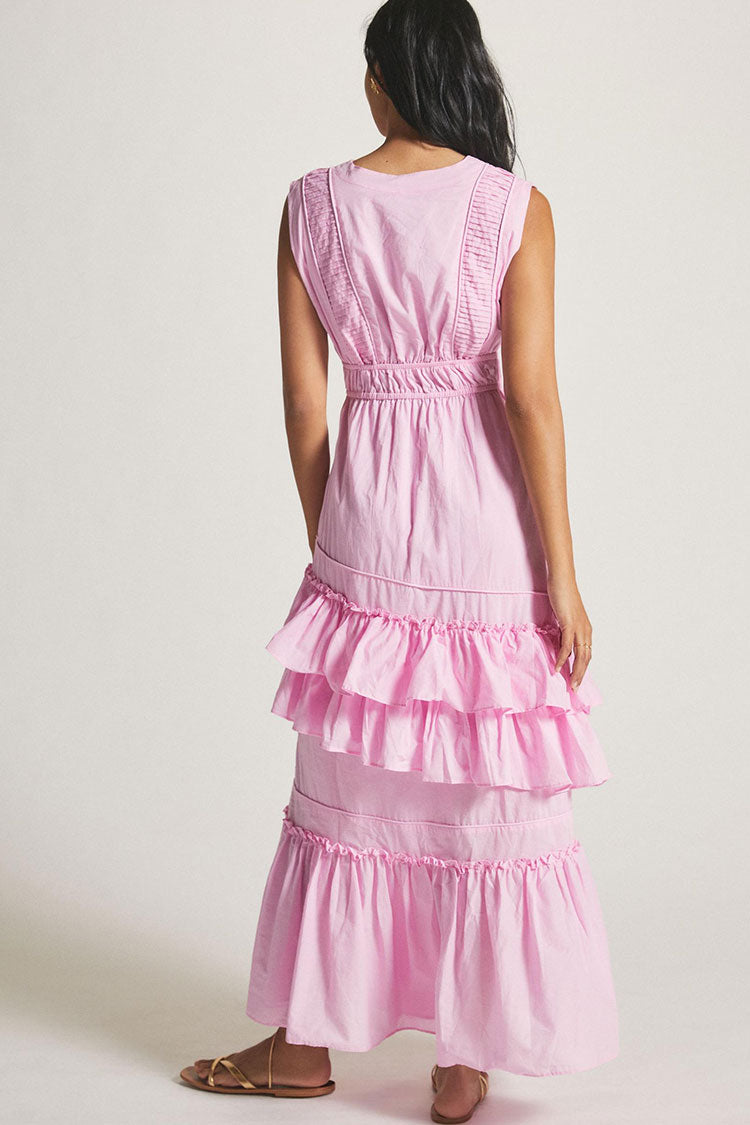 Swingy Buttoned Sleeveless Beach Vacation Ruffle Tiered Maxi Sundress - Pink