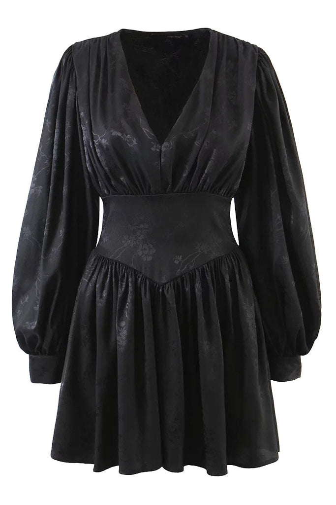 Swingy Floral Jacquard Fit & Flare Long Sleeve Mini Dress - Black ...