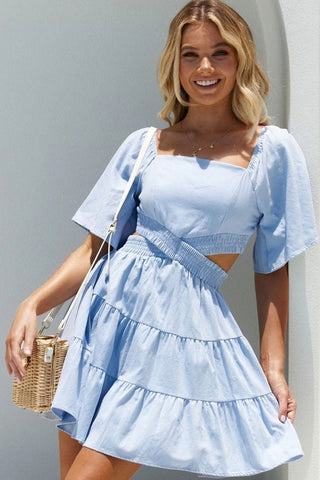 Swingy Smocked Cutout Summer Tiered Mini Sundress - Light Blue