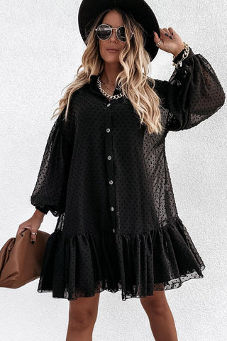 Swiss Dot High Neck Button Down Bishop Sleeve Mini Babydoll Dress - Black