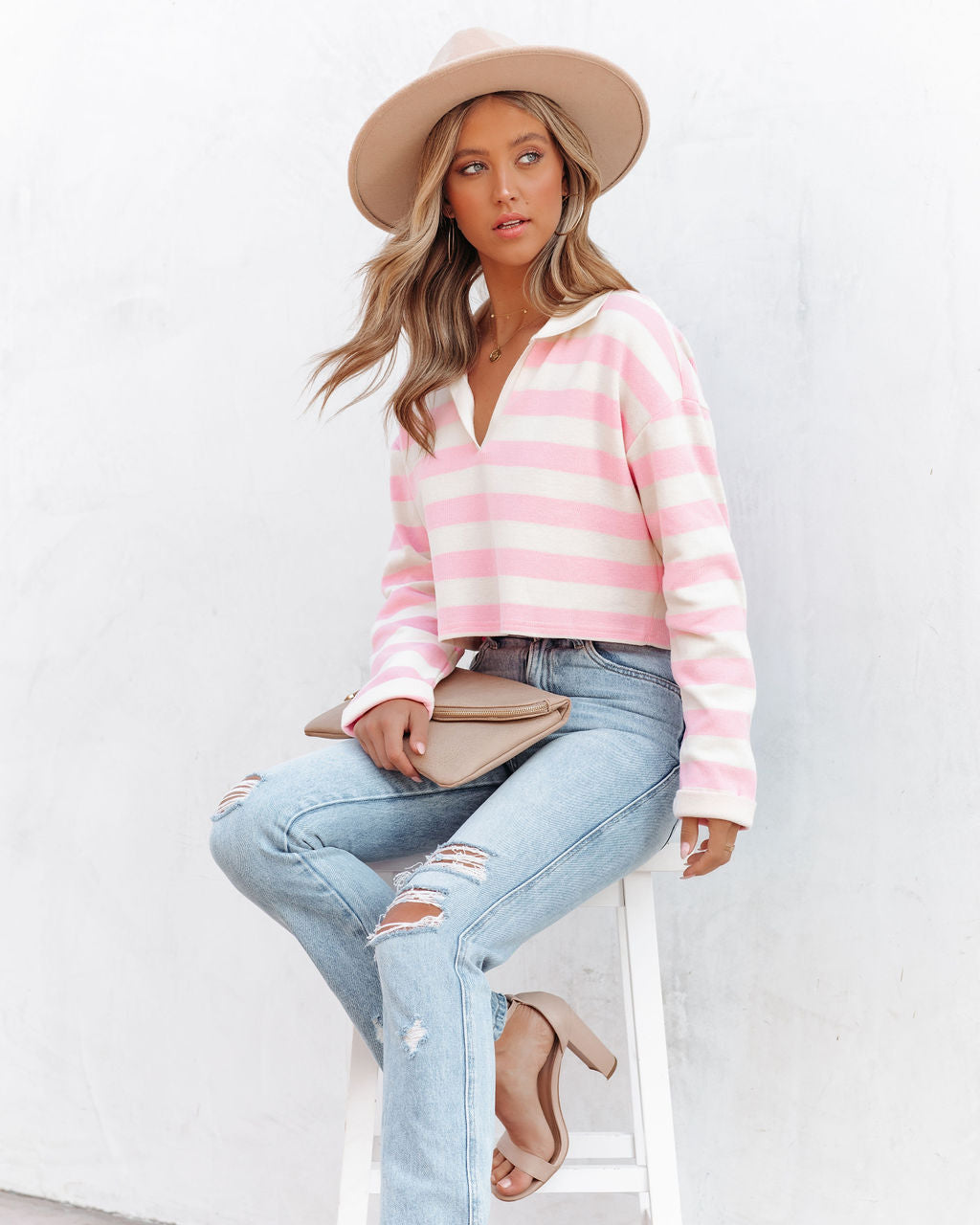 Syble Cotton Striped Collared Top - Pink