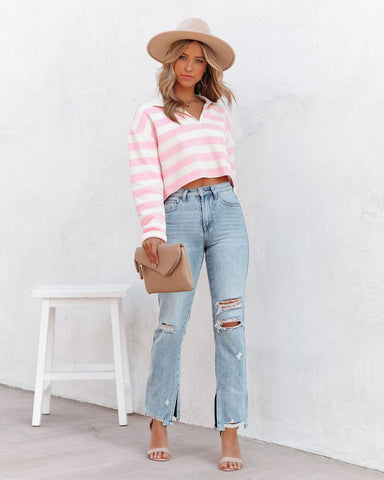 Syble Cotton Striped Collared Top - Pink