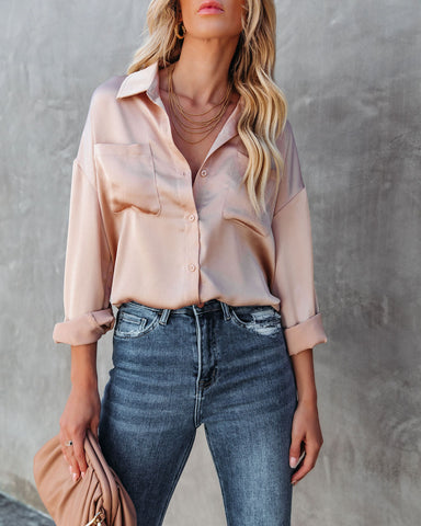 Symphony Satin Button Down Pocket Blouse