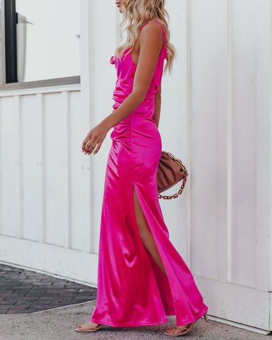 Take Care Satin Cowl Neck Maxi Dress - Fuchsia