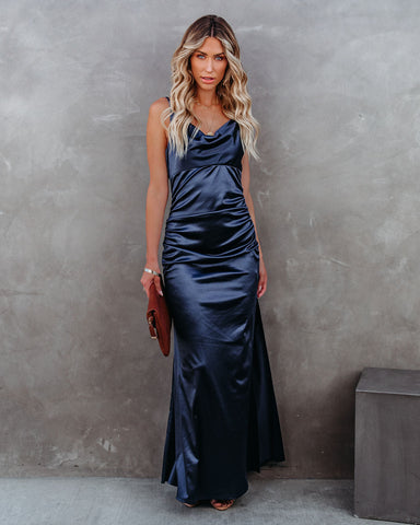 Take Care Satin Cowl Neck Maxi Dress - Navy