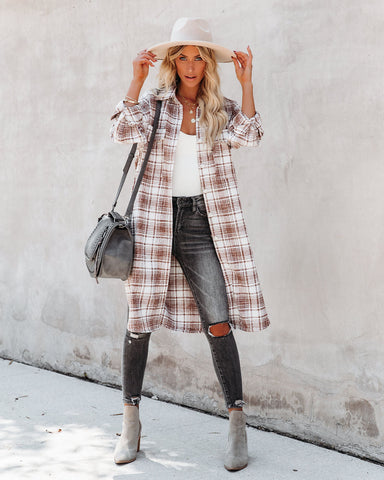 Tanja Pocketed Plaid Button Down Shacket - Copper