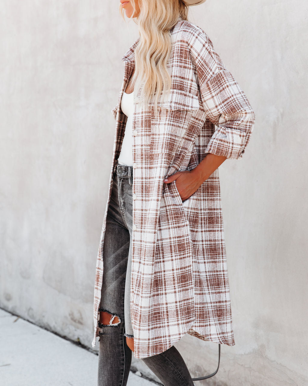 Tanja Pocketed Plaid Button Down Shacket - Copper