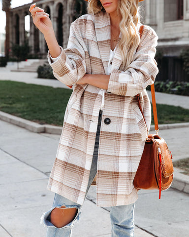 Tarrytown Pocketed Plaid Coat - Taupe