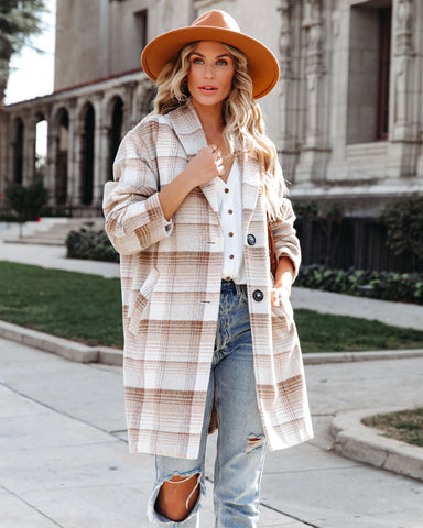 Tarrytown Pocketed Plaid Coat - Taupe